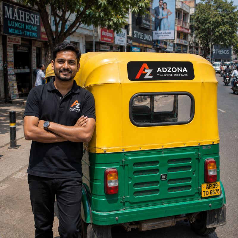 Adzona driver partner standing beside his branded auto-rickshaw in Guntur